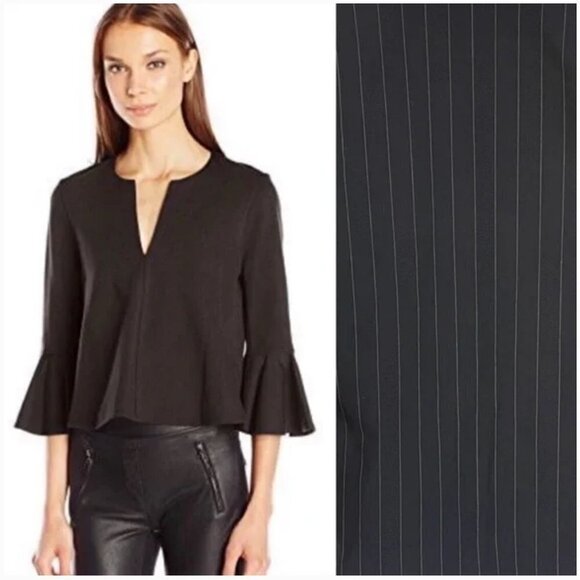 BCBGMaxAzria Black Pinstriped Split Crew Beck Bell Sleeve Blouse / Top Size XXS - Picture 11 of 11